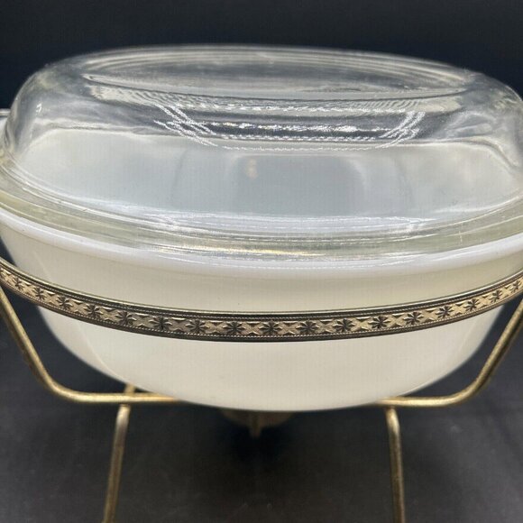 Fire King Milk Glass Casserole Dish w/ Clear Lid 1.5 QT w/ Cradle Candle-Warmer - Picture 3 of 10